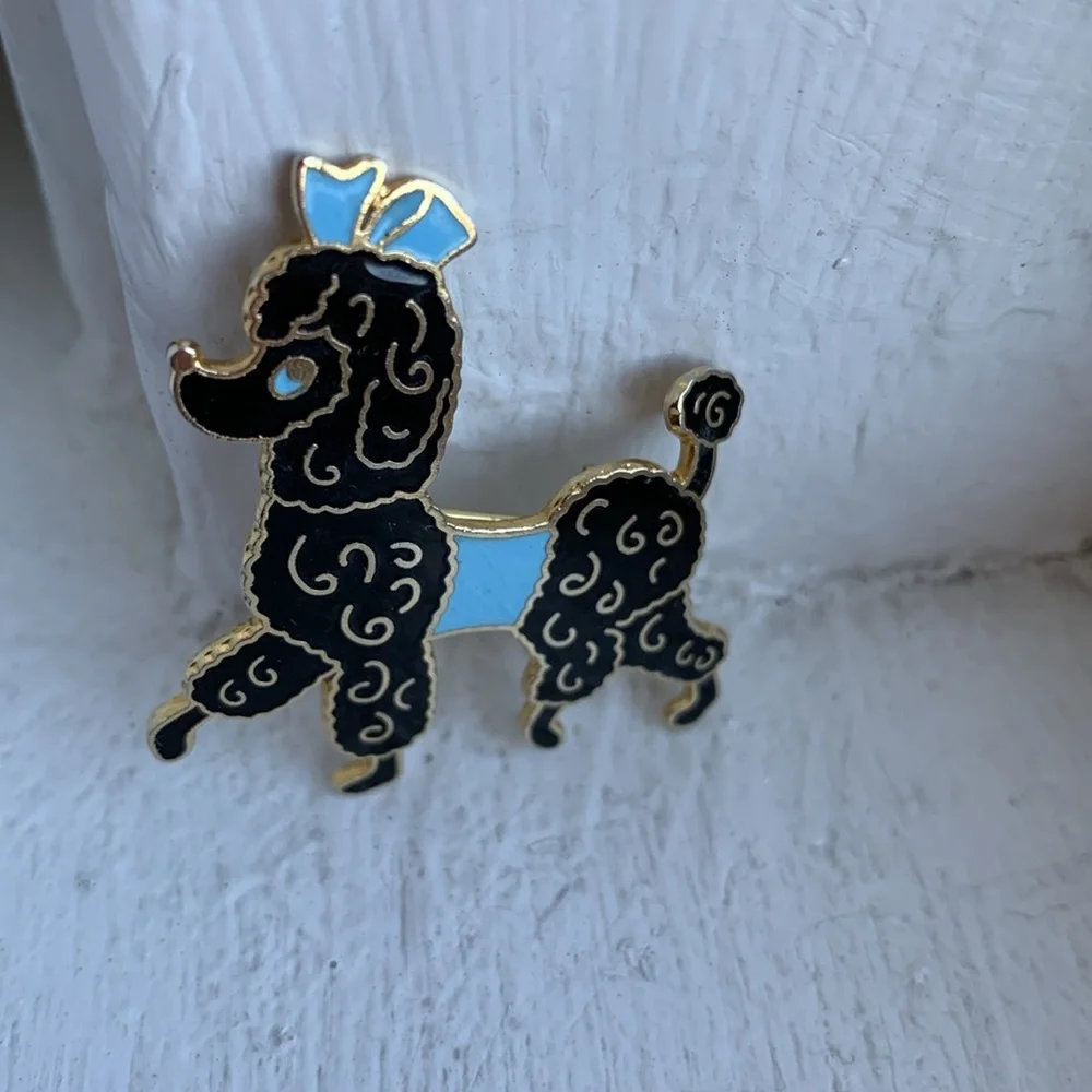 Fancy black French Poodle pin with blue eyes, sweater + bow EUC